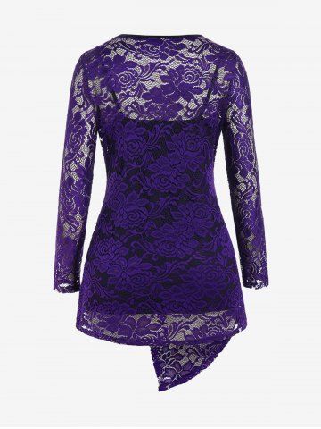 Plus Size Asymmetric Sheer Lace Blouse and Camisole Set