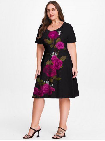 Plus Size Valentine Day Rose Print A Line Knee Length Dress