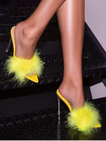 Feathers Detail Heeled Pointed Toe Slides Sandals - YELLOW - EU 36