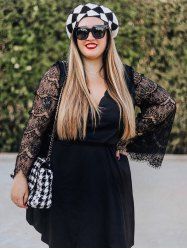 Plus Size Lace Bell Sleeve Scalloped A Line Dress -  