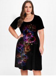 Plus Size Valentines 3D Sparkles Heart Printed Short Sleeves A Line Dress -  