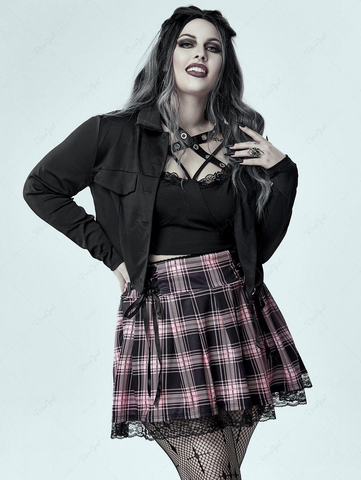 Online Multi-zip Short Jacket and Plaid Lace Up Mini Pleated Skirt Gothic Outfit  