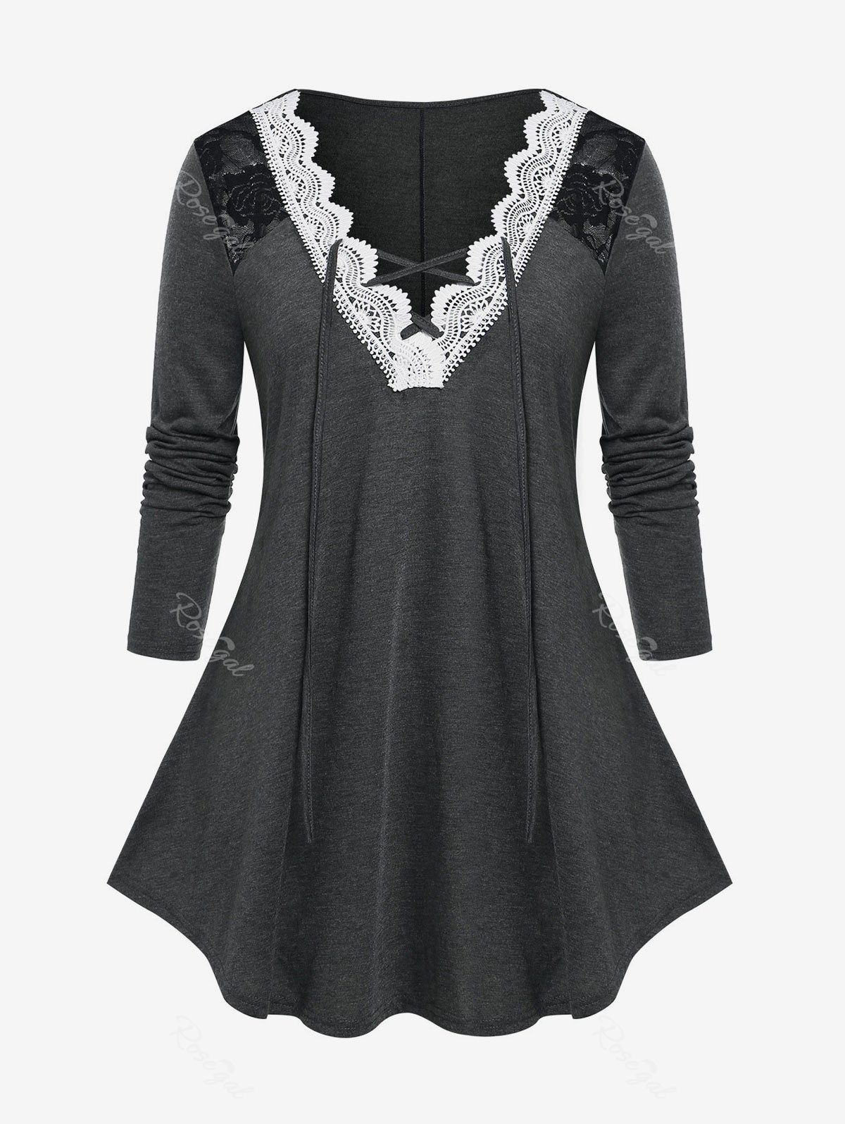 Affordable Plus Size Lace Applique Panel Long Sleeve Lace-up Tee  