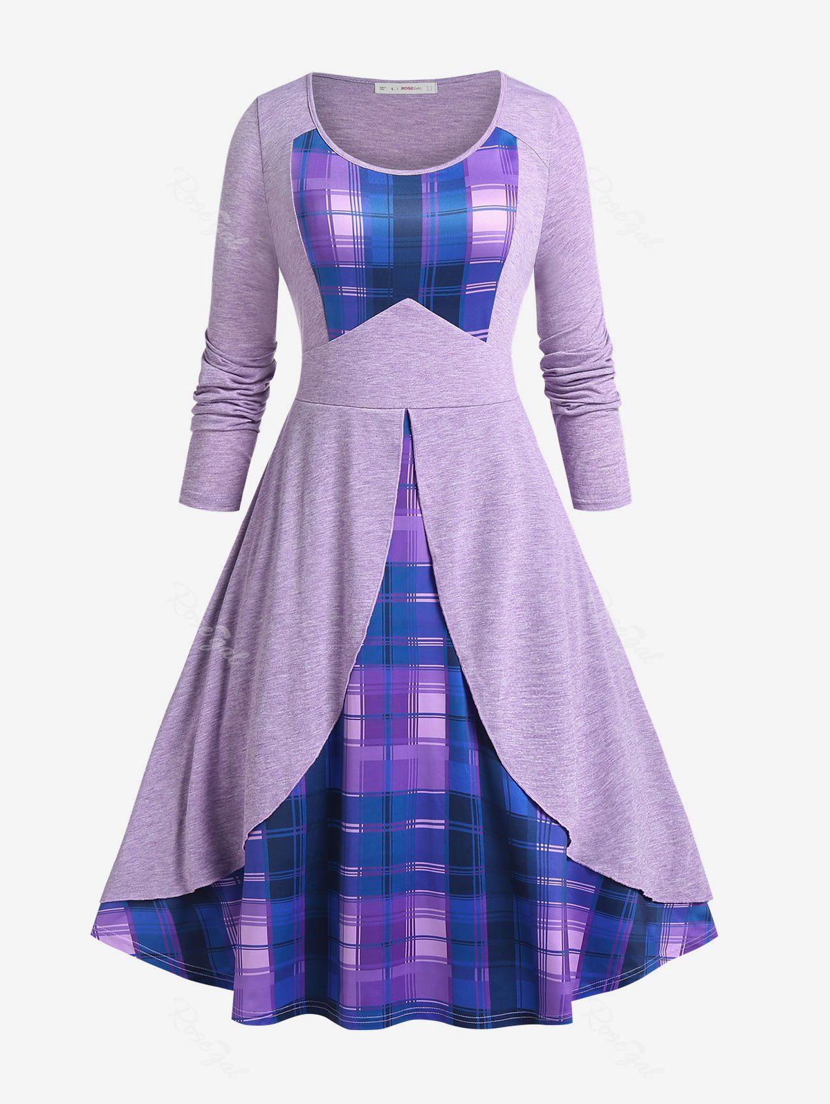 Latest Plus Size Overlay Plaid Midi Flare Dress  