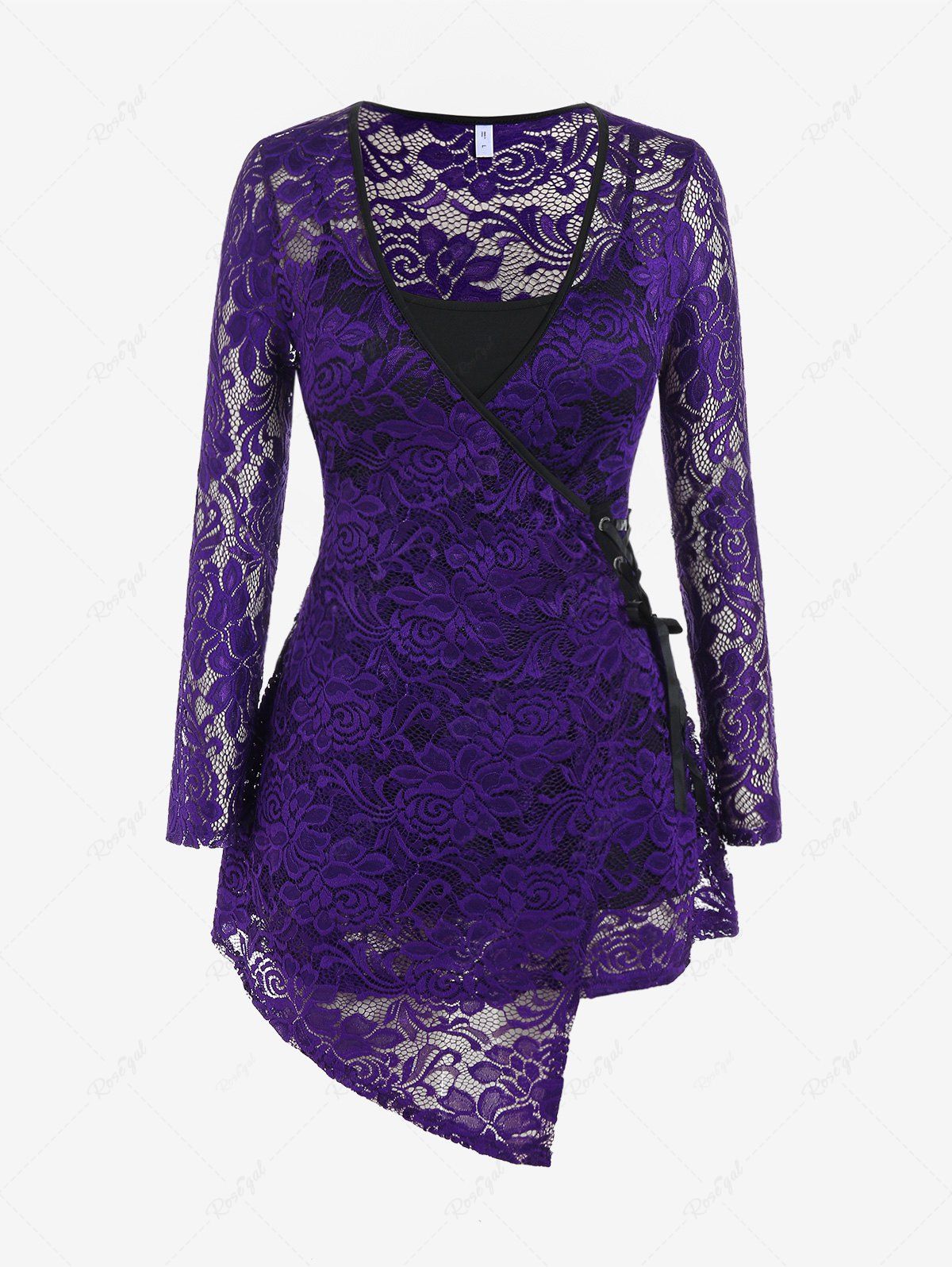 Sale Plus Size Asymmetric Sheer Lace Blouse and Camisole Set  