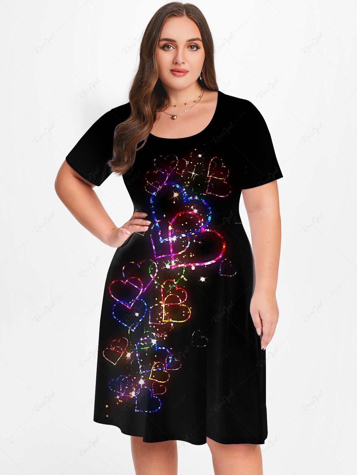 Fancy Plus Size Valentines 3D Sparkles Heart Printed Short Sleeves A Line Dress  
