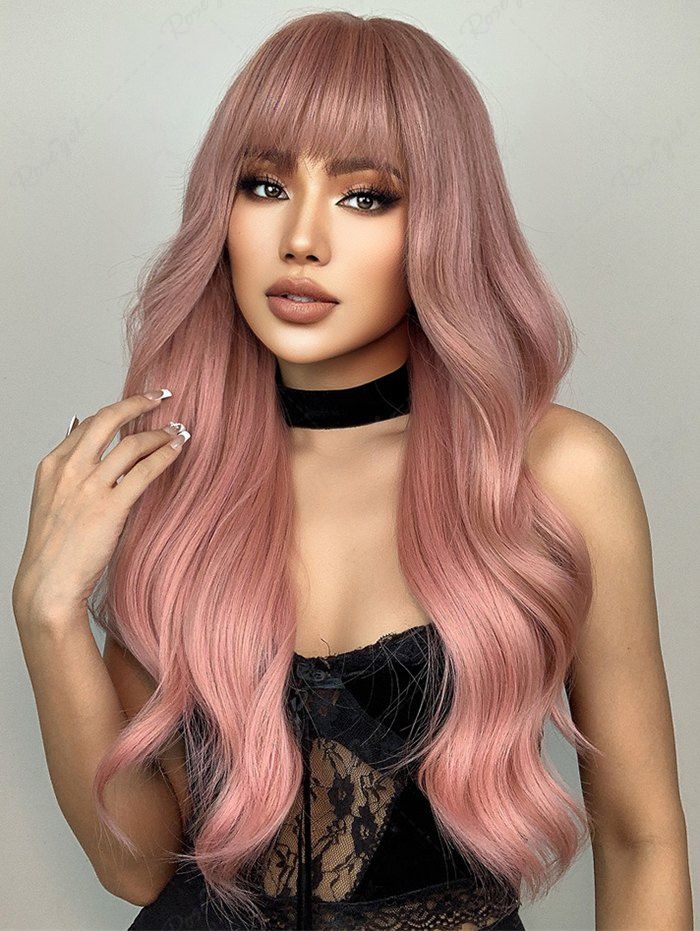 Perruque Synthétique Longue Ondulée Bouffante à Frange Air Rose Rosé Ensemble de 1 Pièce 28 pouces