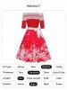 Christmas Snowflake Print Flower Lace Panel Off The Shoulder Belted A Line Mini Dress -  