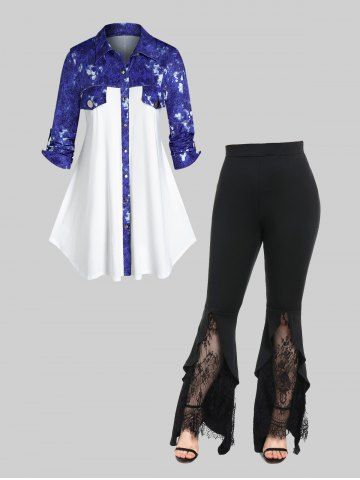 Roll Up Sleeve Mix Media Shirt and Lace Panel Flounce Flare Pants Plus Size Outfit - BLUE