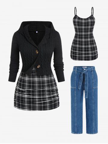 Checked Hooded Cable Knit Cropped Cardigan and Belt Jeans Plus Size Outfit - BLACK