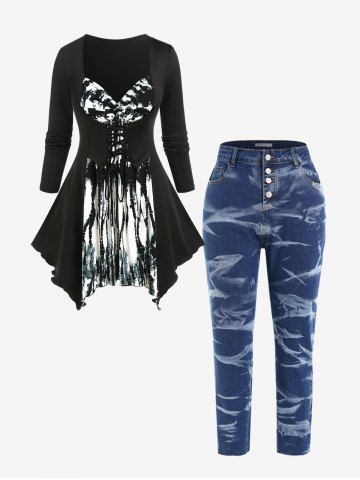 Handkerchief Tie Dye Lace Up 2 in 1 Tee and Jeans Plus Size Outfit - MULTI