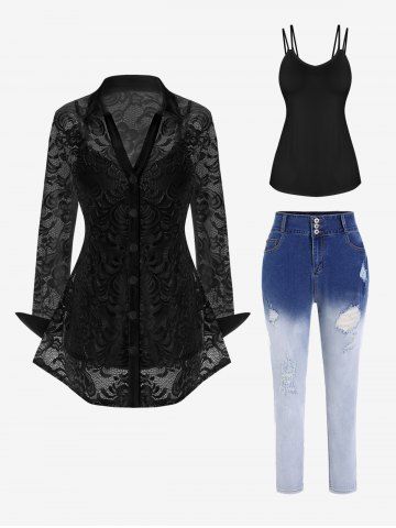 Lace Flower Sheer Blouse and Cami Top Set and Dip Dye Ripped Jeans Plus Size Outfit - BLACK