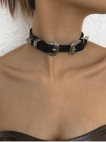 Gothic PU Leather Buckle Choker Necklace - BLACK