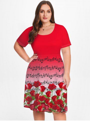 Plus Size Valentines Musical Notes Rose Printed Short Sleeves A Line Dress - RED - 5X | US 30-32