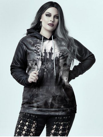 Gothic Castle Print Front Pocket Flocking Lined Hoodie