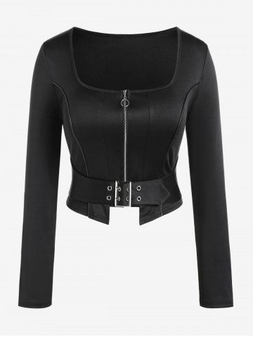 Gothic Square Collar Piping Zip Front Buckled Crop Top - BLACK - M | US 10