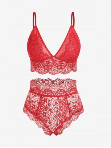 Plus Size Valentine Day Lace and Mesh Lace-up Scalloped Bra Set