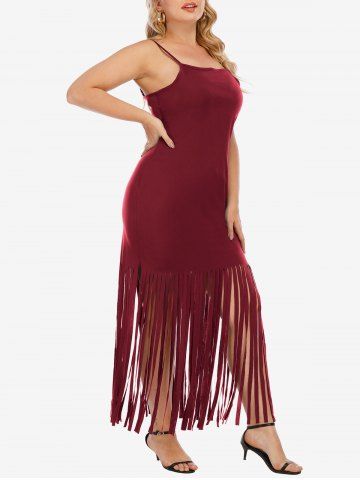 Plus Size Backless Fringed Bodycon Party Cami Dress - DEEP RED - L