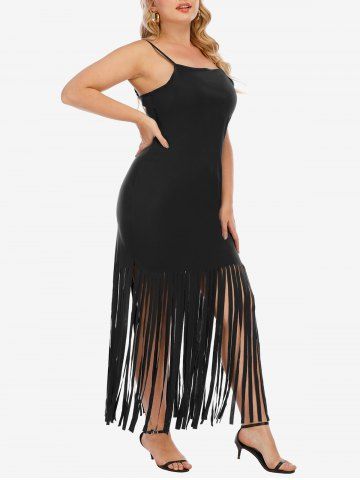 Plus Size Backless Fringed Bodycon Party Cami Dress - BLACK - L
