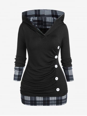Plus Size Hooded Ruched Plaid T-shirt