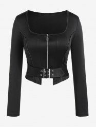 Gothic Square Collar Piping Zip Front Buckled Crop Top -  