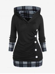 Plus Size Hooded Ruched Plaid T-shirt -  