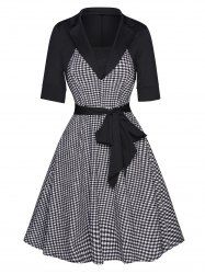 Plaid Houndstooth Pattern Self Belted Short Sleeve High Waisted A Line Mini Dress -  