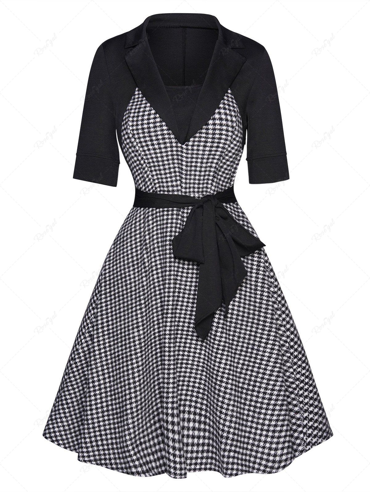 Trendy Plaid Houndstooth Pattern Self Belted Short Sleeve High Waisted A Line Mini Dress  