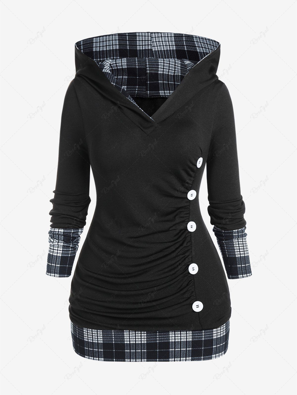 Trendy Plus Size Hooded Ruched Plaid T-shirt  