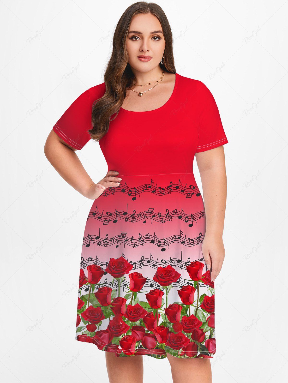 Hot Plus Size Valentines Musical Notes Rose Printed Short Sleeves A Line Dress  