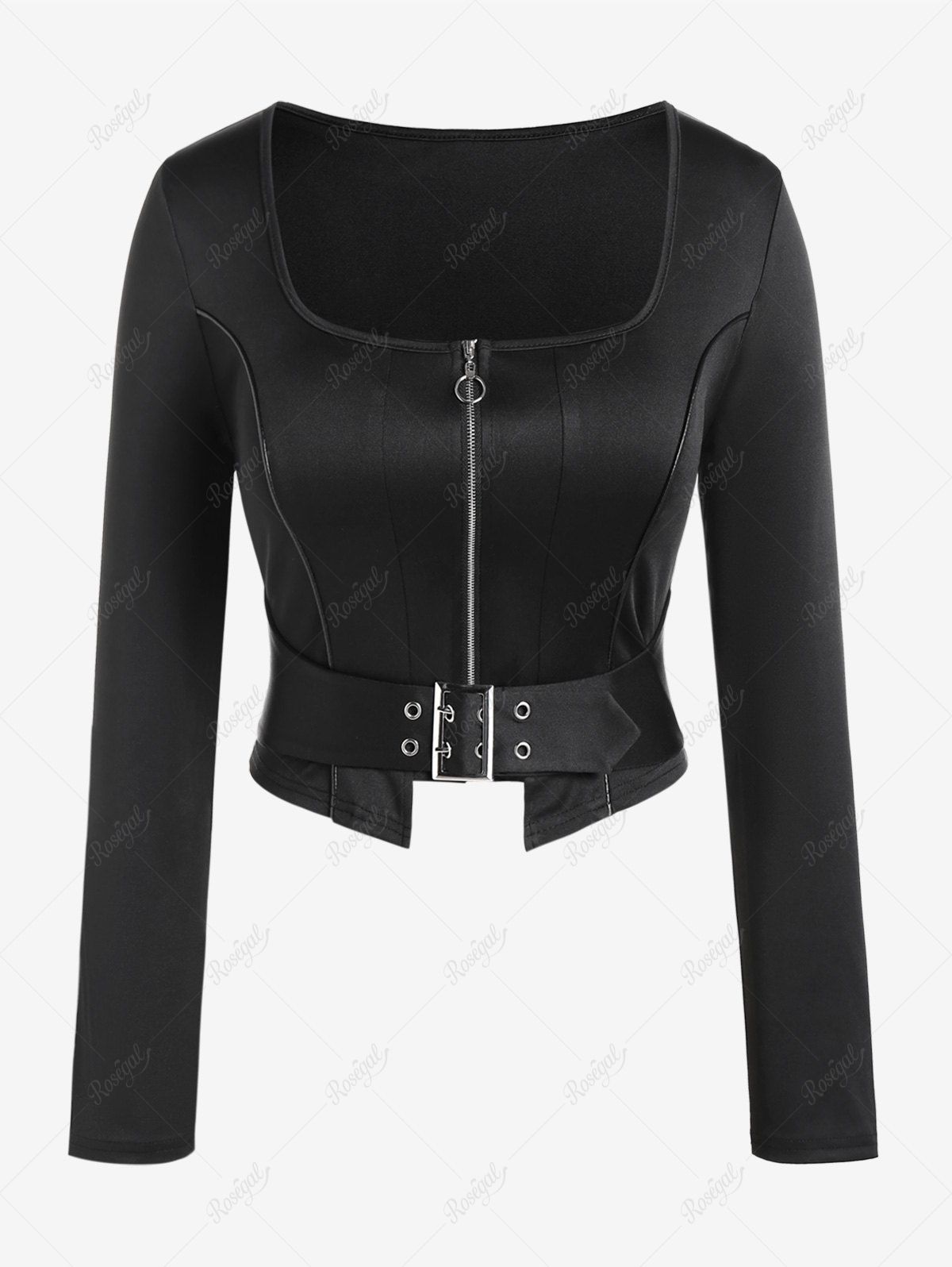 Hot Gothic Square Collar Piping Zip Front Buckled Crop Top  
