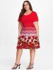 Plus Size Valentines Musical Notes Rose Printed Short Sleeves A Line Dress -  