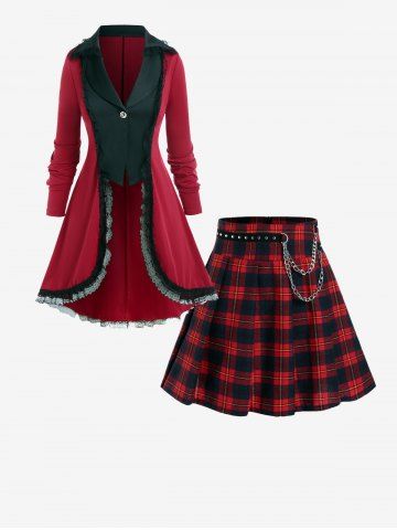Lace Trim Two Tone Coat and Checked Chain Embellish Studded Pleated Skirt Plus Size Outerwear Outfit - DEEP RED