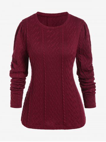Plus Size Gigot Sleeve Solid Color Cable Knit Sweater - DEEP RED - M