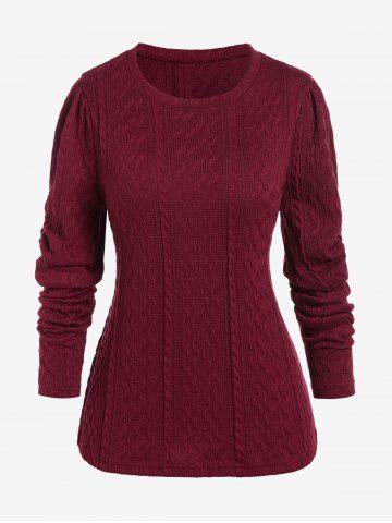 Plus Size Gigot Sleeve Solid Color Cable Knit Sweater - DEEP RED - L