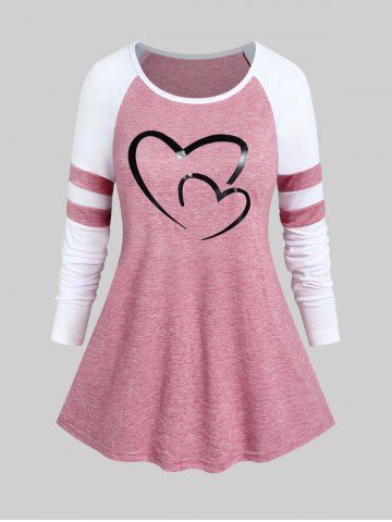 Plus Size Valentine Day Heart Print Colorblock Striped Detail Raglan Sleeve T-shirt - LIGHT PINK - 2XL