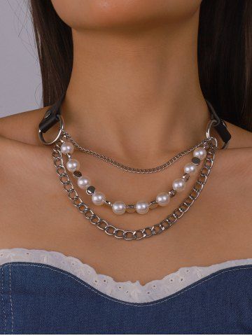 Layered PU Leather Faux Pearl Chain Choker Necklace
