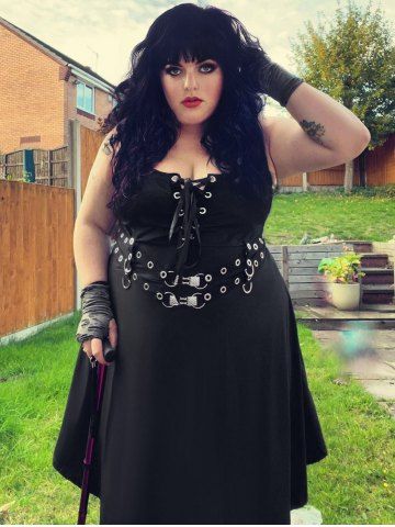 Gothic Lace Up Grommets Fit and Flare Dress - BLACK - 5X | US 30-32