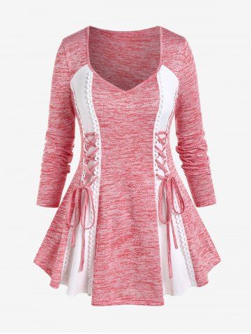 Plus Size Lace-up Space Dye Long Sleeves T-shirt - LIGHT PINK - M | US 10