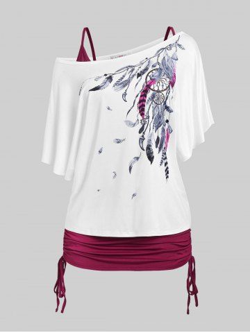 Plus Size Batwing Sleeve Dreamcatcher Print Skew Neck Tee and Cinched Tank Top Set - WHITE - M | US 10