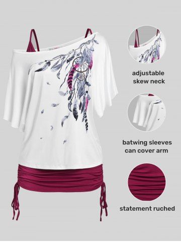 Plus Size Batwing Sleeve Dreamcatcher Print Skew Neck Tee and Cinched Tank Top Set