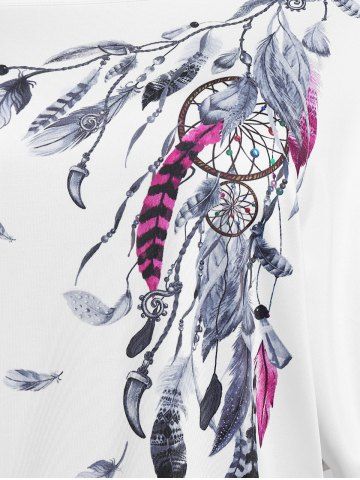Plus Size Batwing Sleeve Dreamcatcher Print Skew Neck Tee and Cinched Tank Top Set
