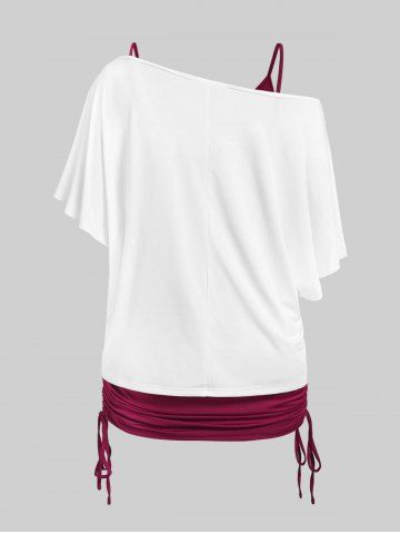 Plus Size Batwing Sleeve Dreamcatcher Print Skew Neck Tee and Cinched Tank Top Set