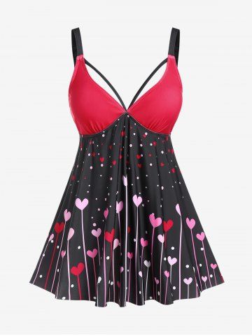 Plus Size Valentines Heart Printed Padded Backless Tankini Top Swimsuit - RED - L | US 12