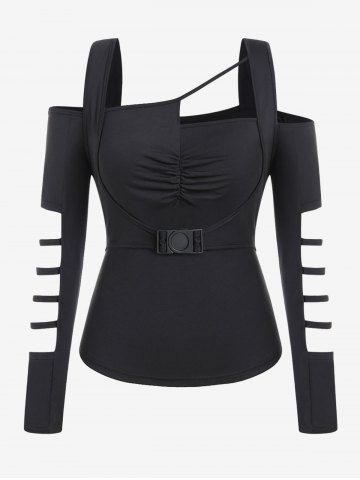 Gothic Cutout Strappy Ruched Buckle Open Shoulder Top - BLACK - 1X | US 14-16