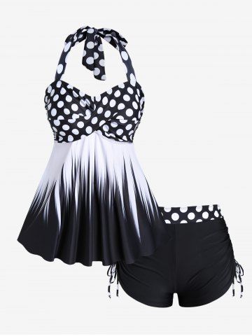 Plus Size Polka Dot Halter Twist Cinched Ruched Boyshorts Tankini Swimwear - BLACK - M | US 10