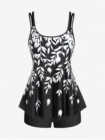 Plus Size Leaf Print Modest Boyshorts Tankini Swimsuit - BLACK - 1X | US 14-16