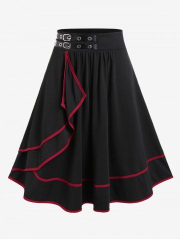 Plus Size PU Contrast Tape Grommet Buckle Ruffles Ruched Midi A Line Skirt - BLACK - 2X | US 18-20