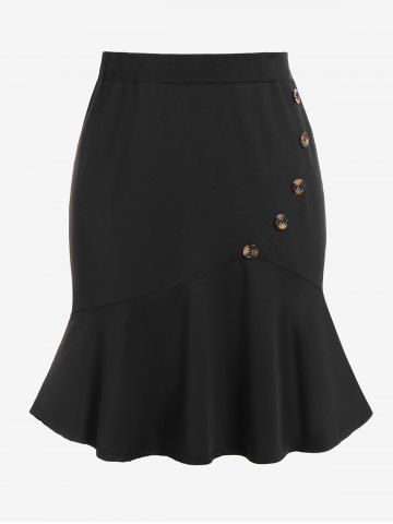Plus Size Flounce High Waisted Mermaid Skirt with Buttons - BLACK - M | US 10