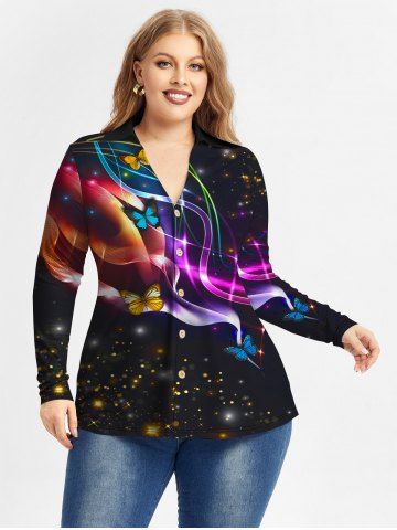 Plus Size Butterfly Light Beam Print Sparkly Glitter Shirt - MULTI-A - M | US 10
